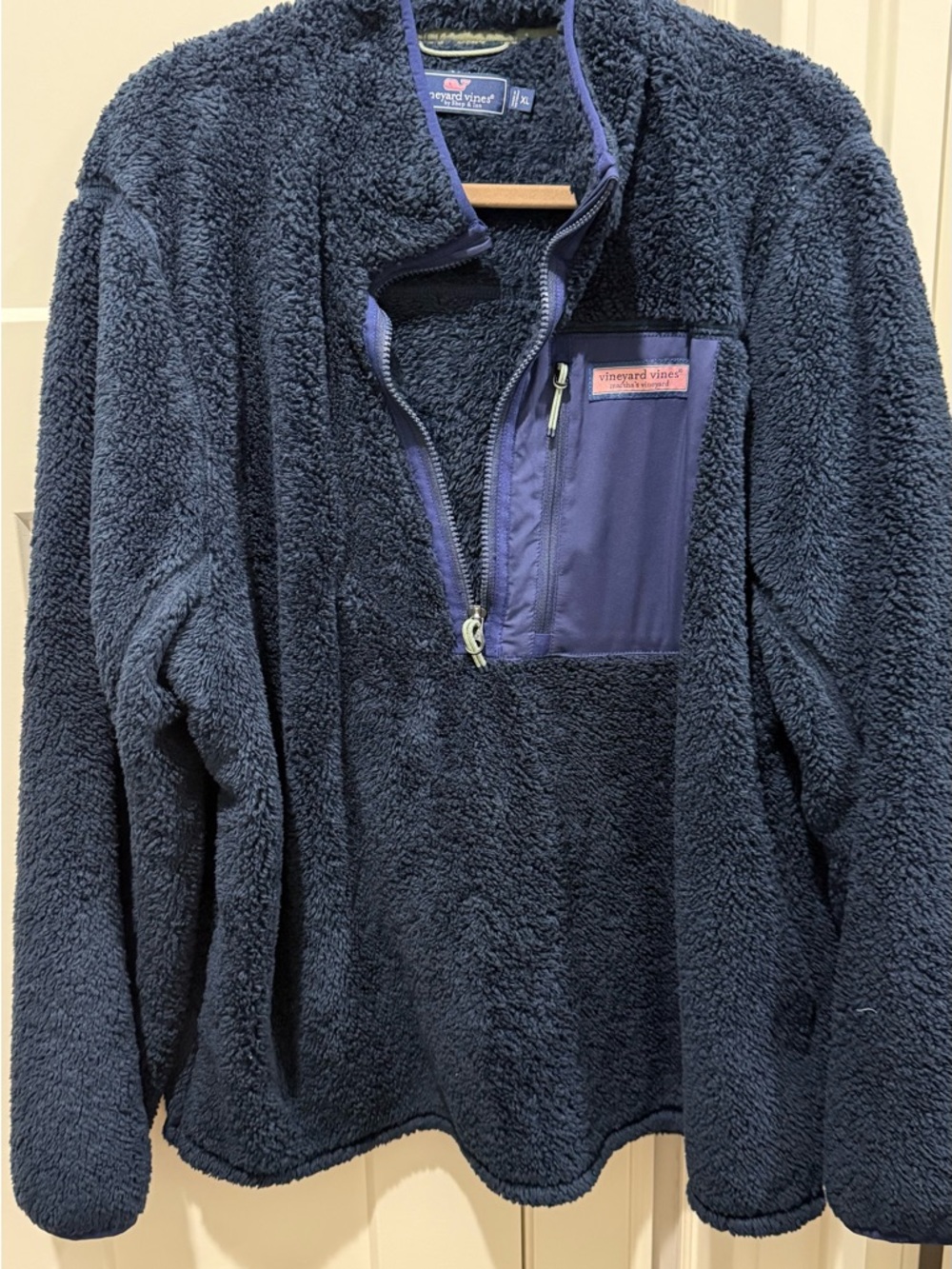 Vineyard Vines Navy Sherpa Fleece Pullover with Pink Whale Logo